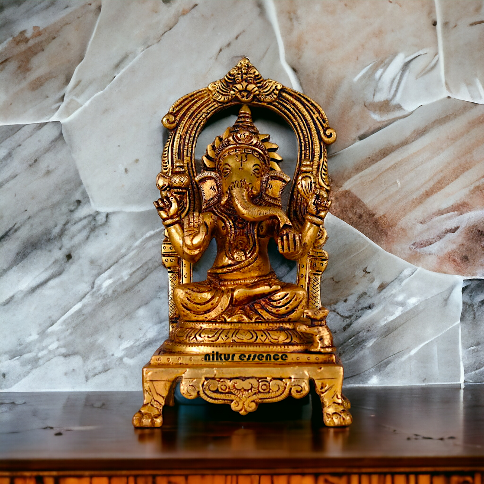 Pital Ganesha Seated on singhasan Brass idol - 9 inches