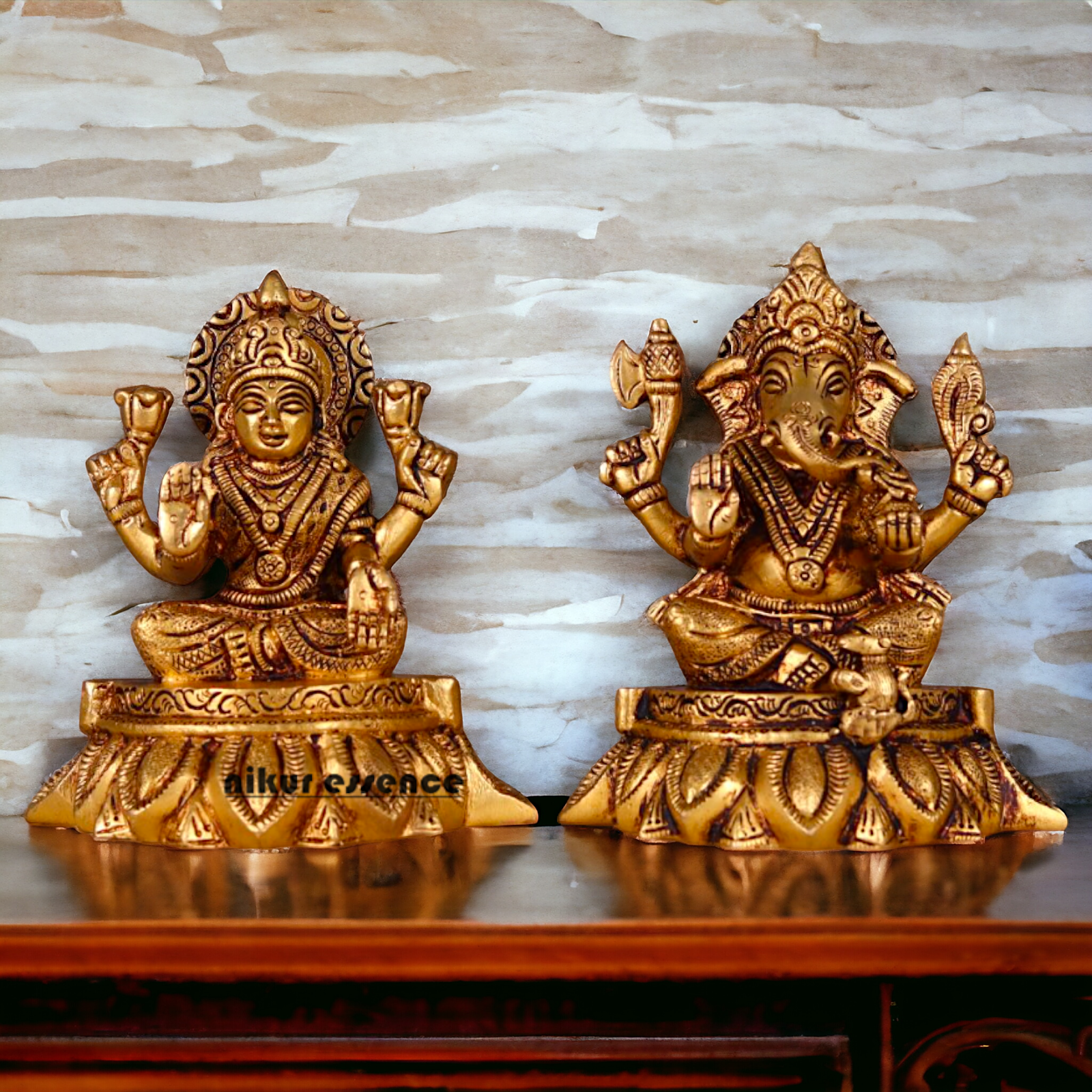 Mahalakshmi Ganesha Seated Brass Pair idol - 5.2 inches