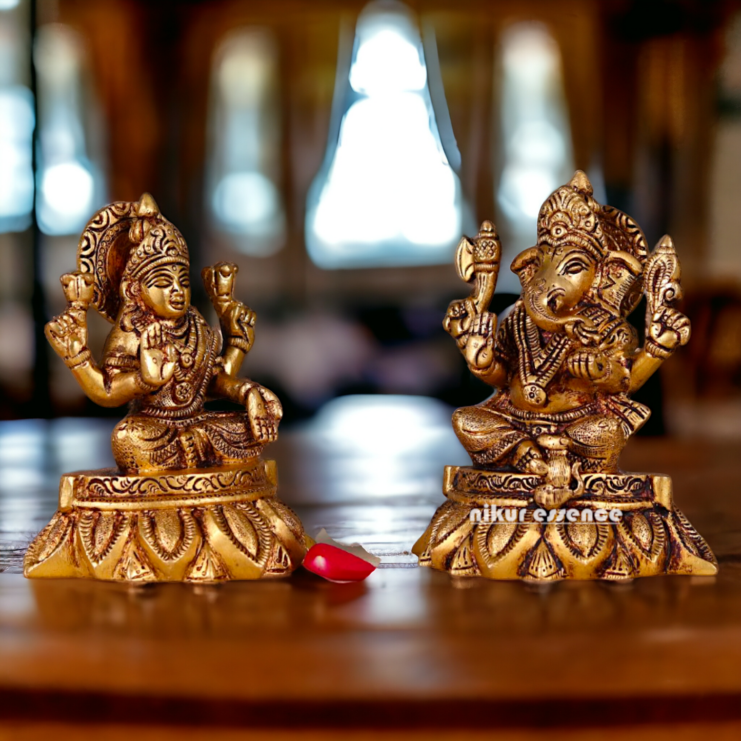 Mahalakshmi Ganesha Seated Brass Pair idol - 5.2 inches