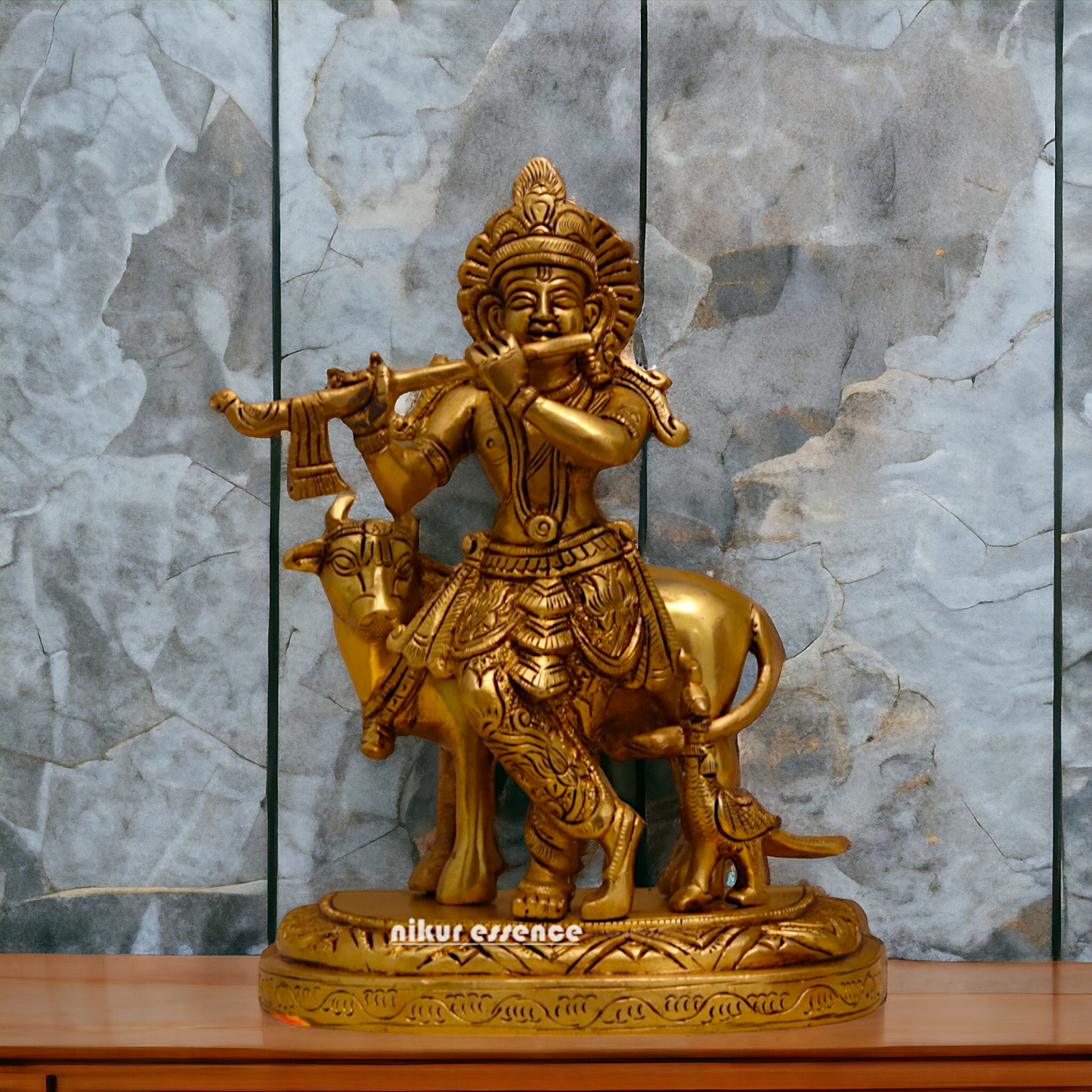 Pure Brass Krishna with cow pital idol - 8 inches