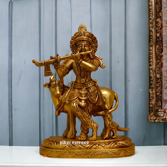 Pure Brass Krishna with cow pital idol - 8 inches