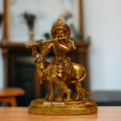 Pure Brass Krishna with cow pital idol - 8 inches