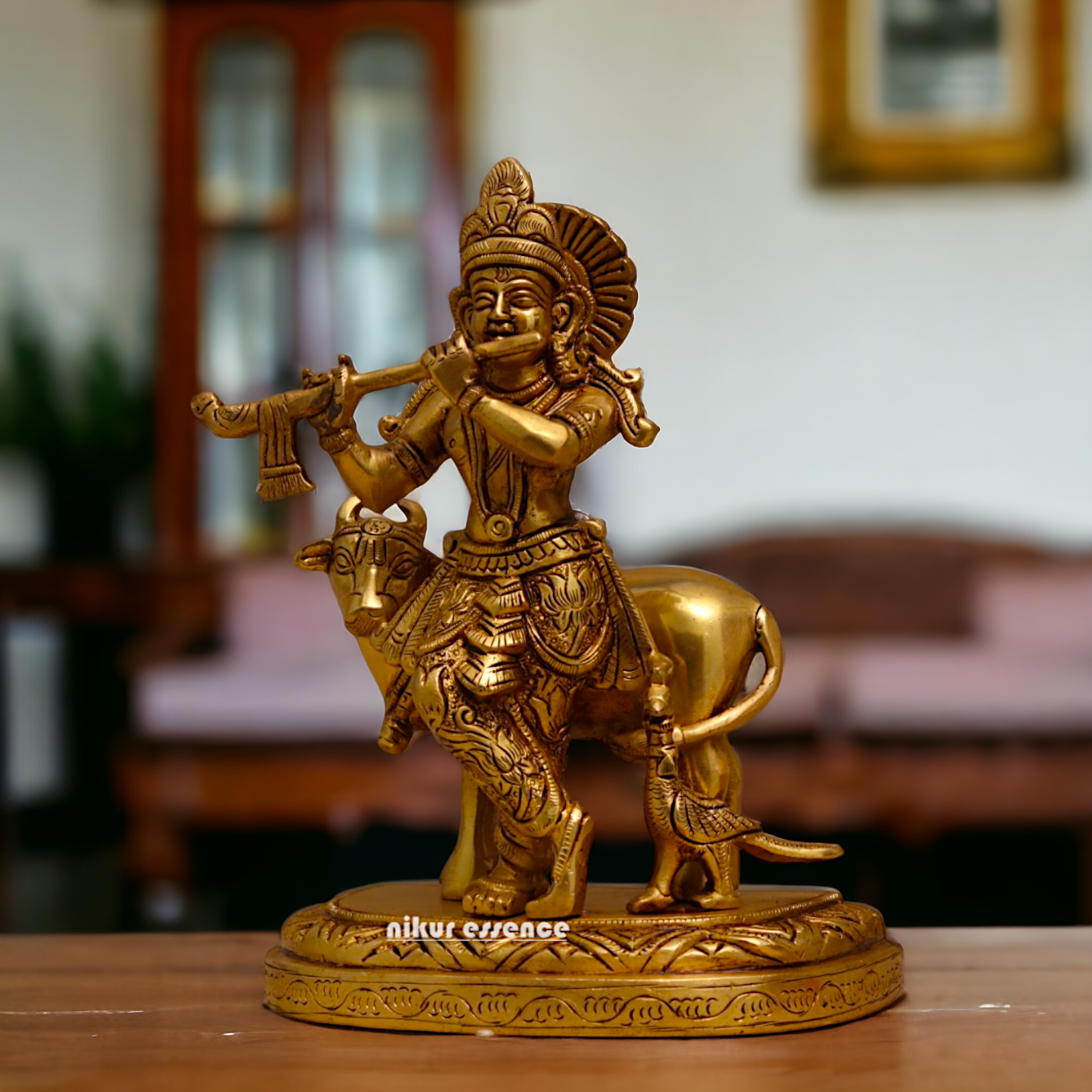 Pure Brass Krishna with cow pital idol - 8 inches