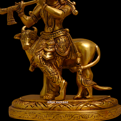 Pure Brass Krishna with cow pital idol - 8 inches