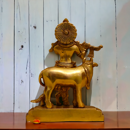 Pure Brass Krishna with cow pital idol - 8 inches