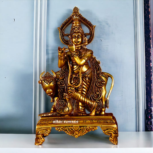 Pital Krishna Cow with Peacock Brass idol - 14 inches