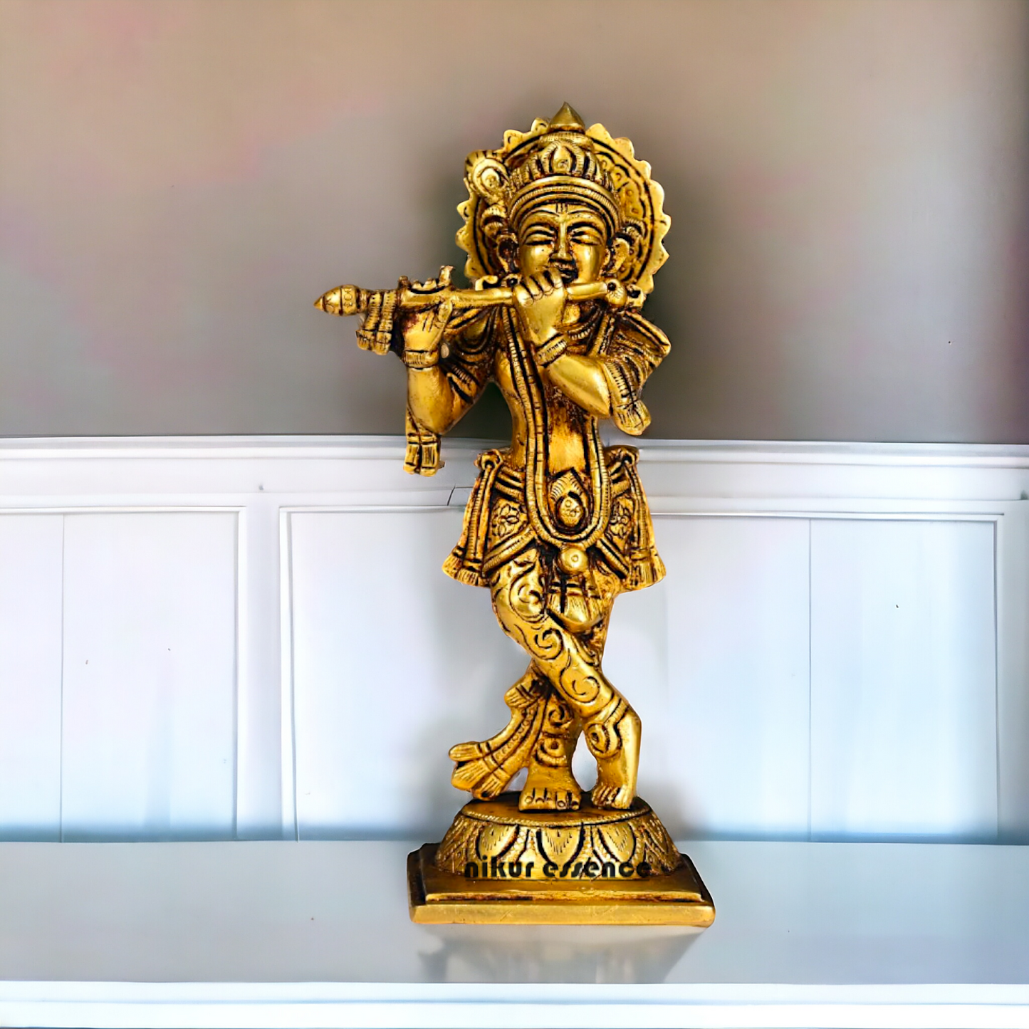 Superfine Brass Krishna Standing Playing Flute Pital idol - 7.5 inches