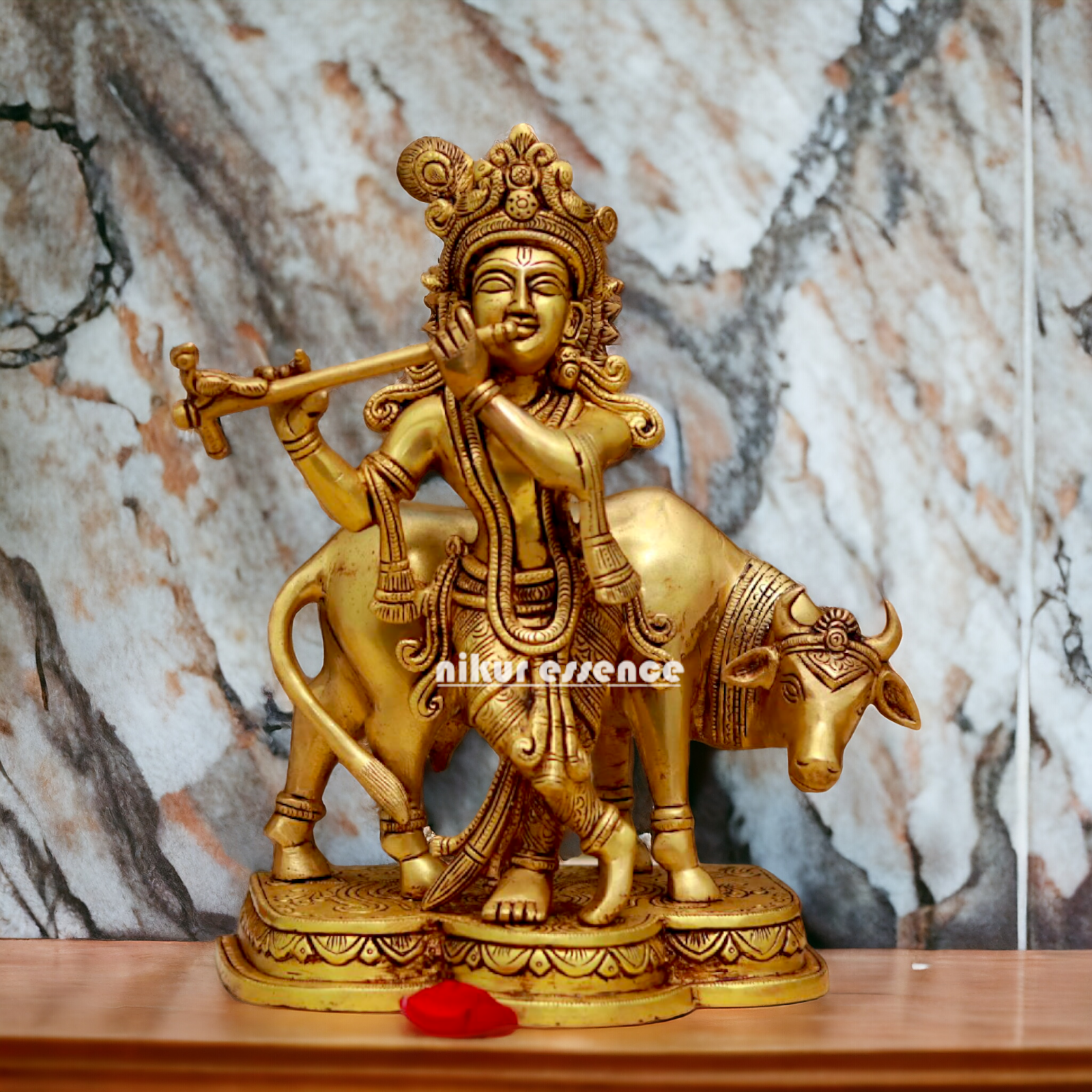 Pital Krishna with cow solid Brass idol - 10.7 Inches