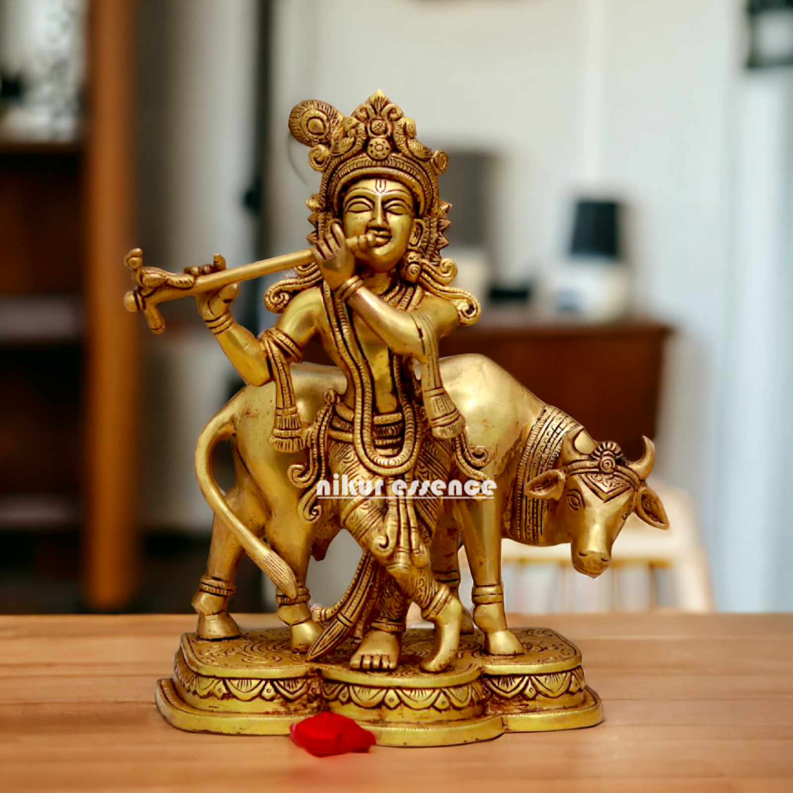 Pital Krishna with cow solid Brass idol - 10.7 Inches