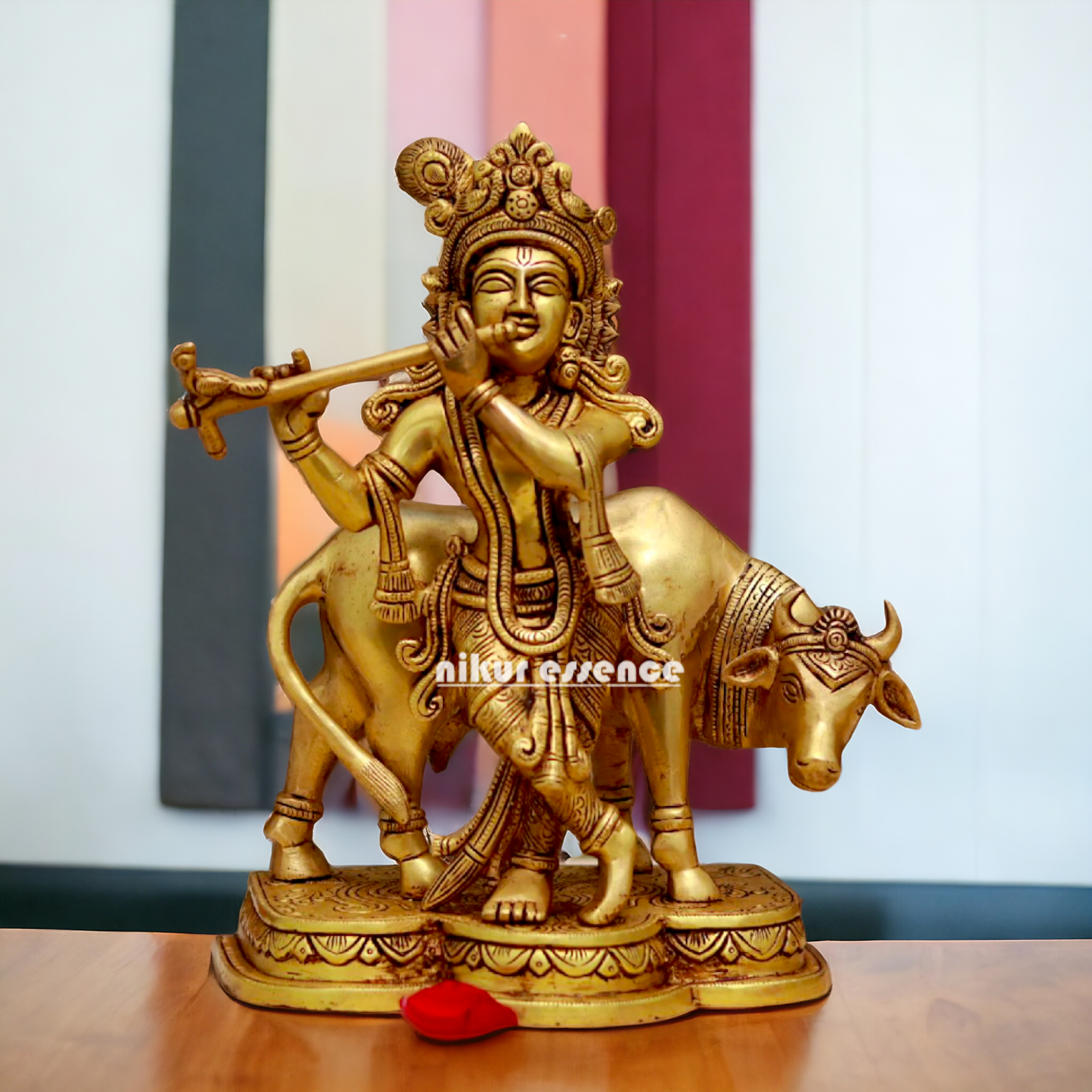 Pital Krishna with cow solid Brass idol - 10.7 Inches