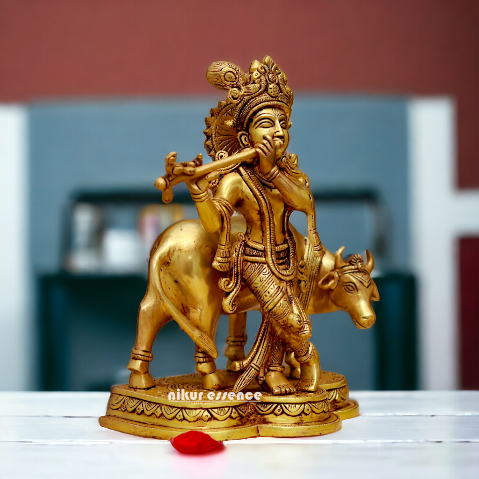 Pital Krishna with cow solid Brass idol - 10.7 Inches