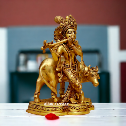 Pital Krishna with cow solid Brass idol - 10.7 Inches