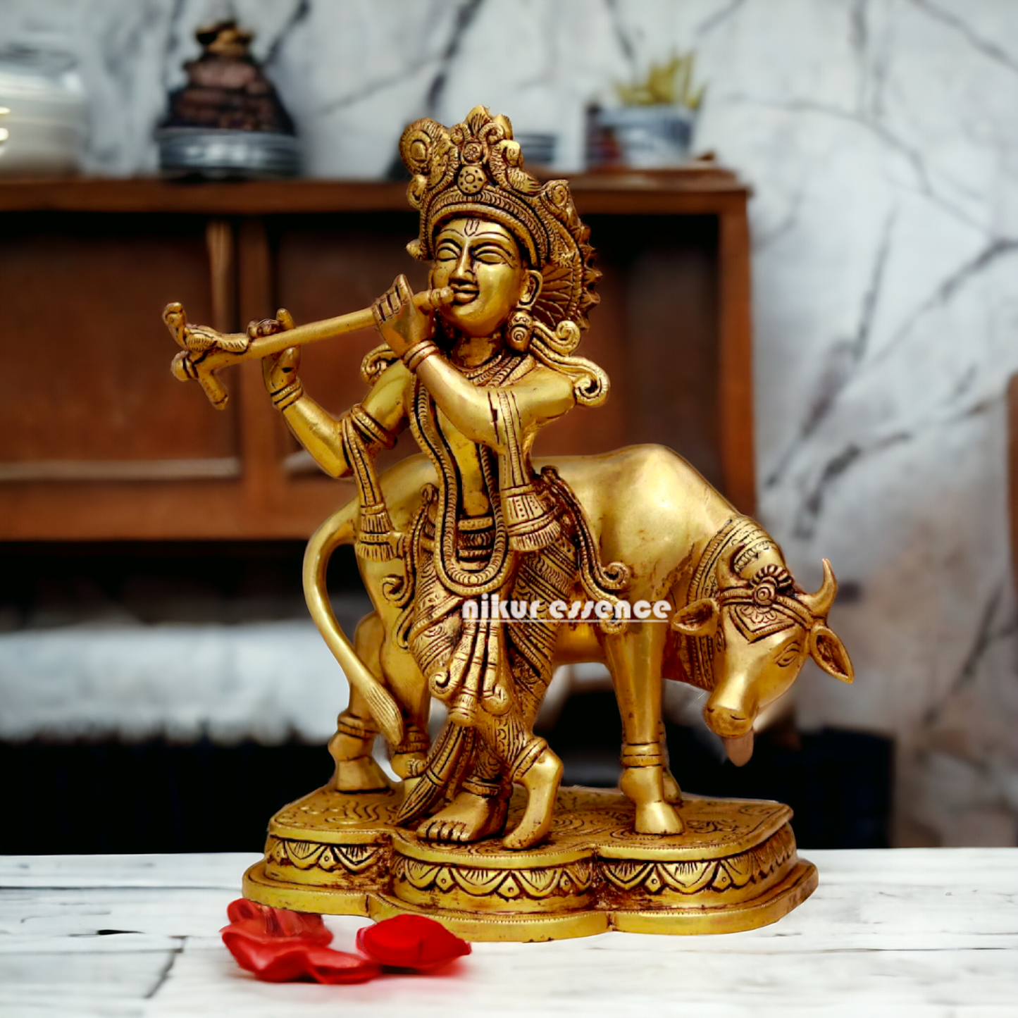 Pital Krishna with cow solid Brass idol - 10.7 Inches