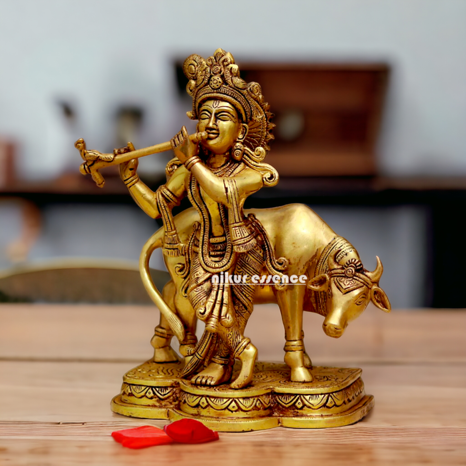 Pital Krishna with cow solid Brass idol - 10.7 Inches