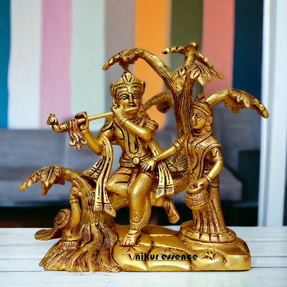 Radha Krishna Murli Playing Flute with Tree Pital Pure Brass idol - 8.6 Inches