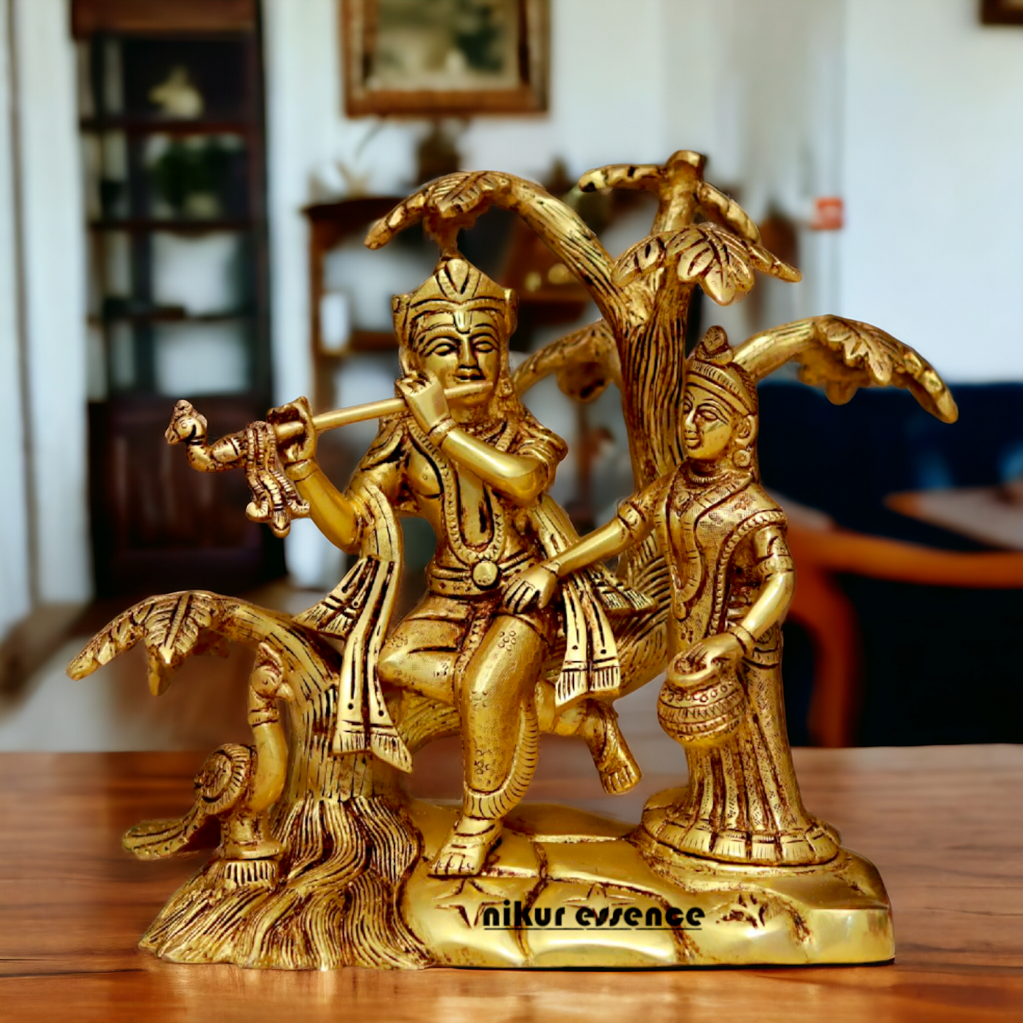 Radha Krishna Murli Playing Flute with Tree Pital Pure Brass idol - 8.6 Inches