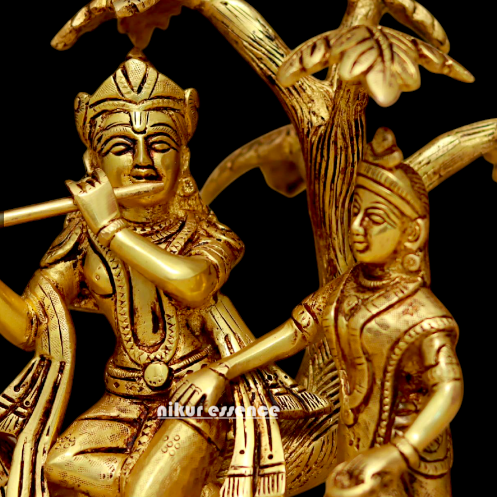 Radha Krishna Murli Playing Flute with Tree Pital Pure Brass idol - 8.6 Inches