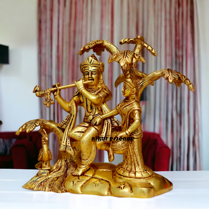 Radha Krishna Murli Playing Flute with Tree Pital Pure Brass idol - 8.6 Inches