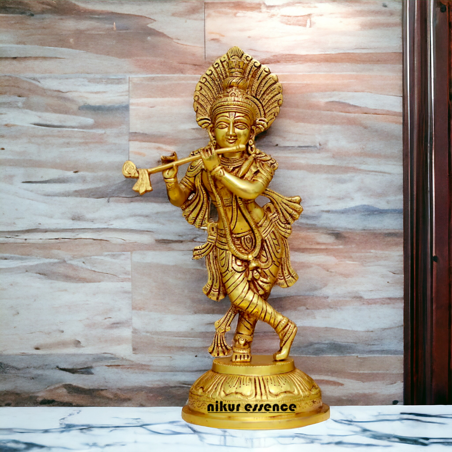 Pure Pital Krishna Playing Flute Brass idol - 14.5 Inches