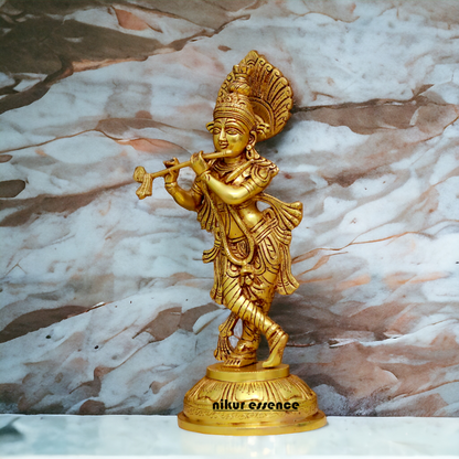 Pure Pital Krishna Playing Flute Brass idol - 14.5 Inches