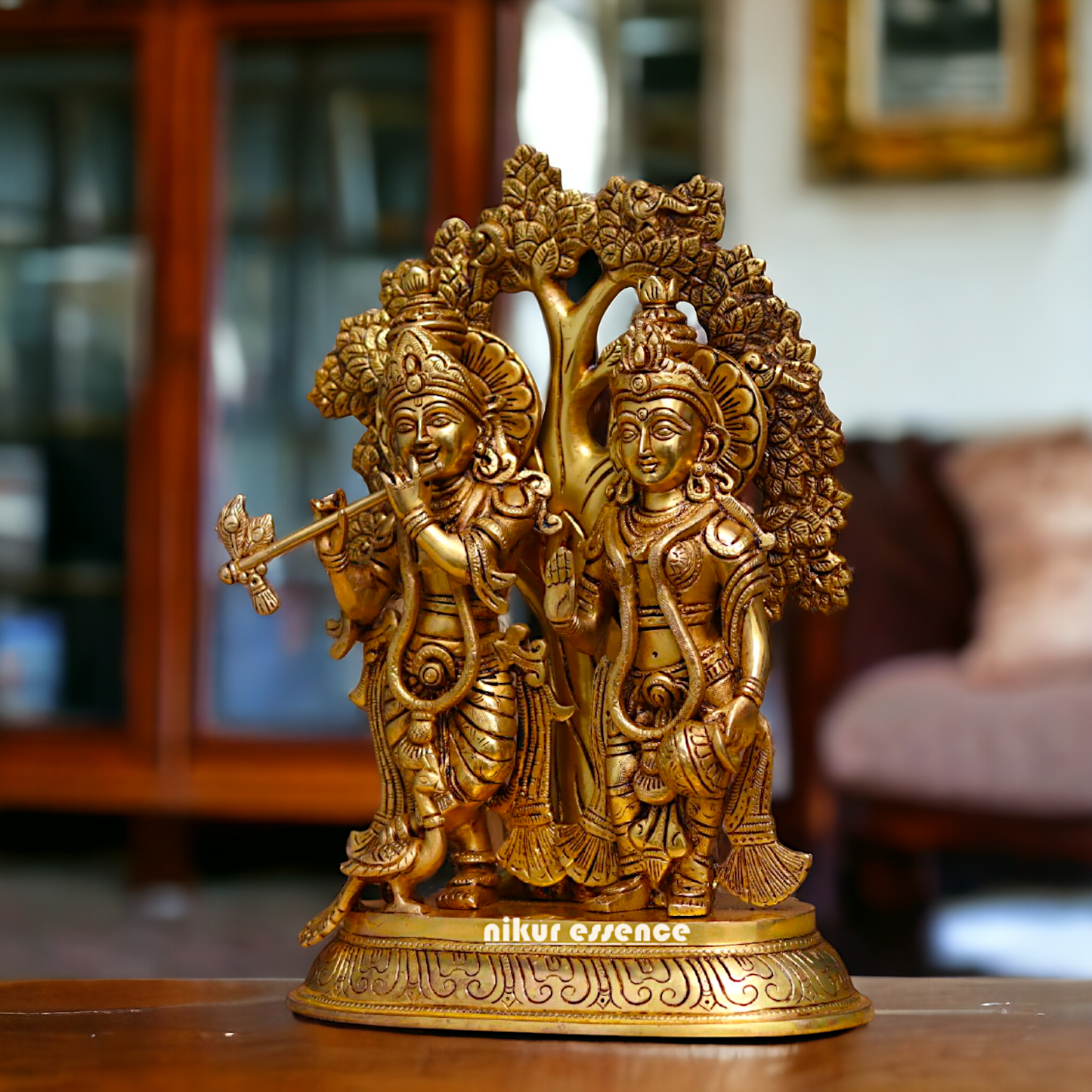 Radha Krishna with tree Antique Brass idol - 13.8 Inches