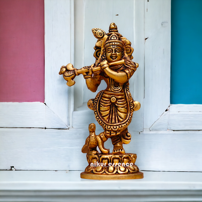 Antique Brass Krishna Standing Playing Flute idol - 6 inches