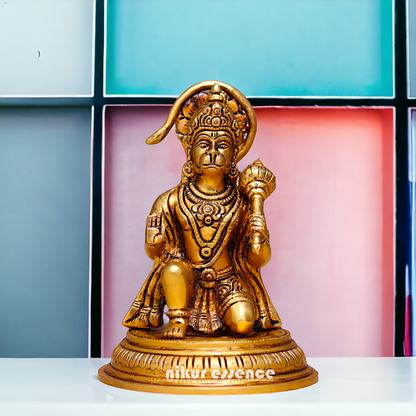 Pital Hanuman ji Bajrangbali Sitting with Gada Brass ki Murti - 7 Inches