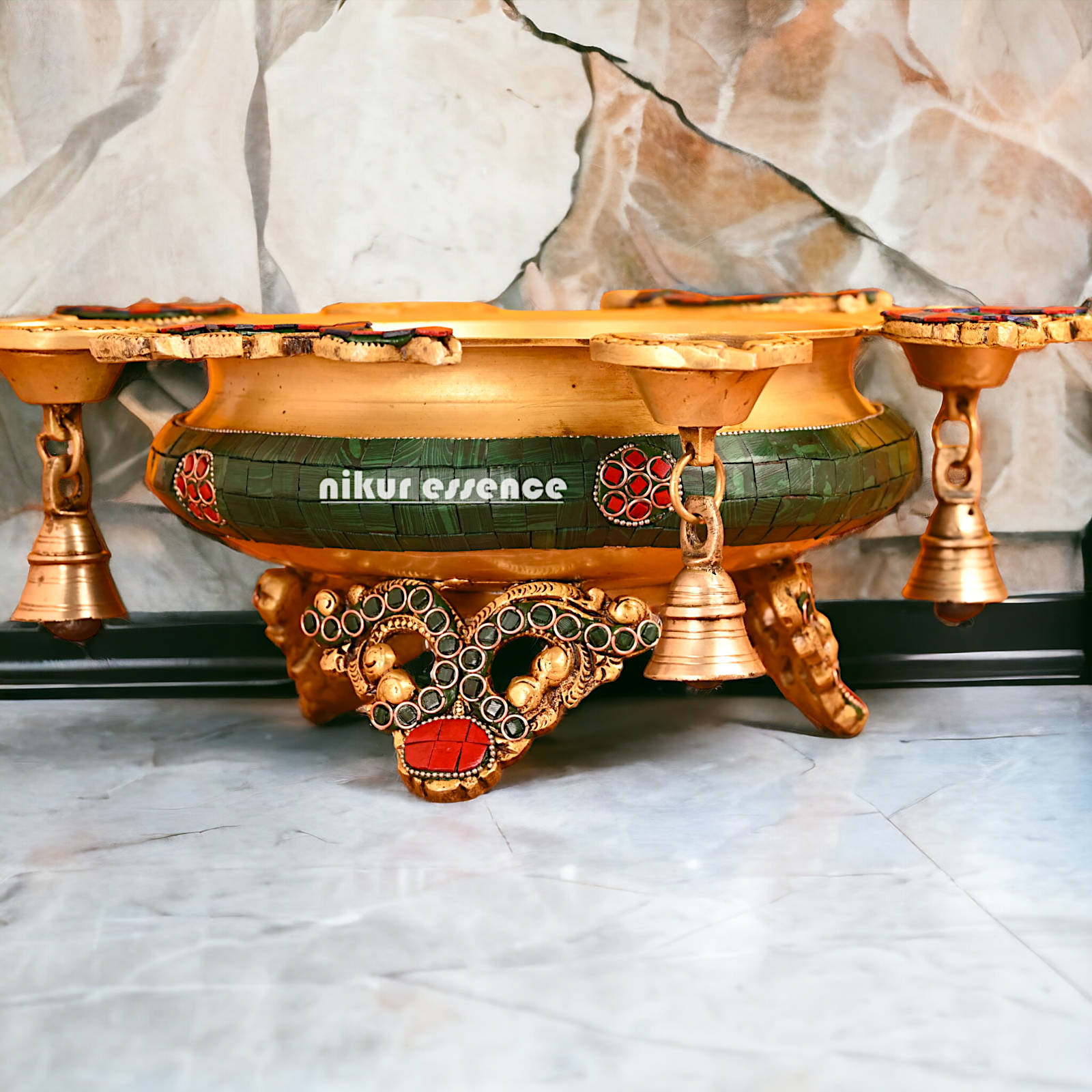 Urli Bowl with Four Diyas Brass with Stone Work - 12 inches approx