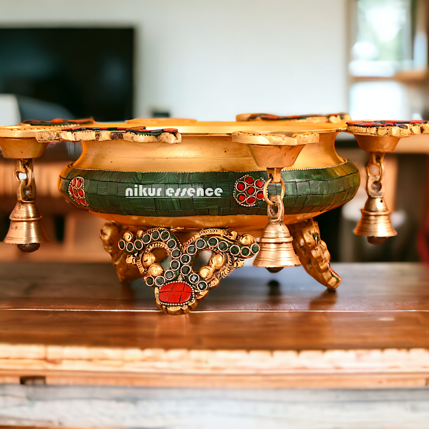 Urli Bowl with Four Diyas Brass with Stone Work - 12 inches approx