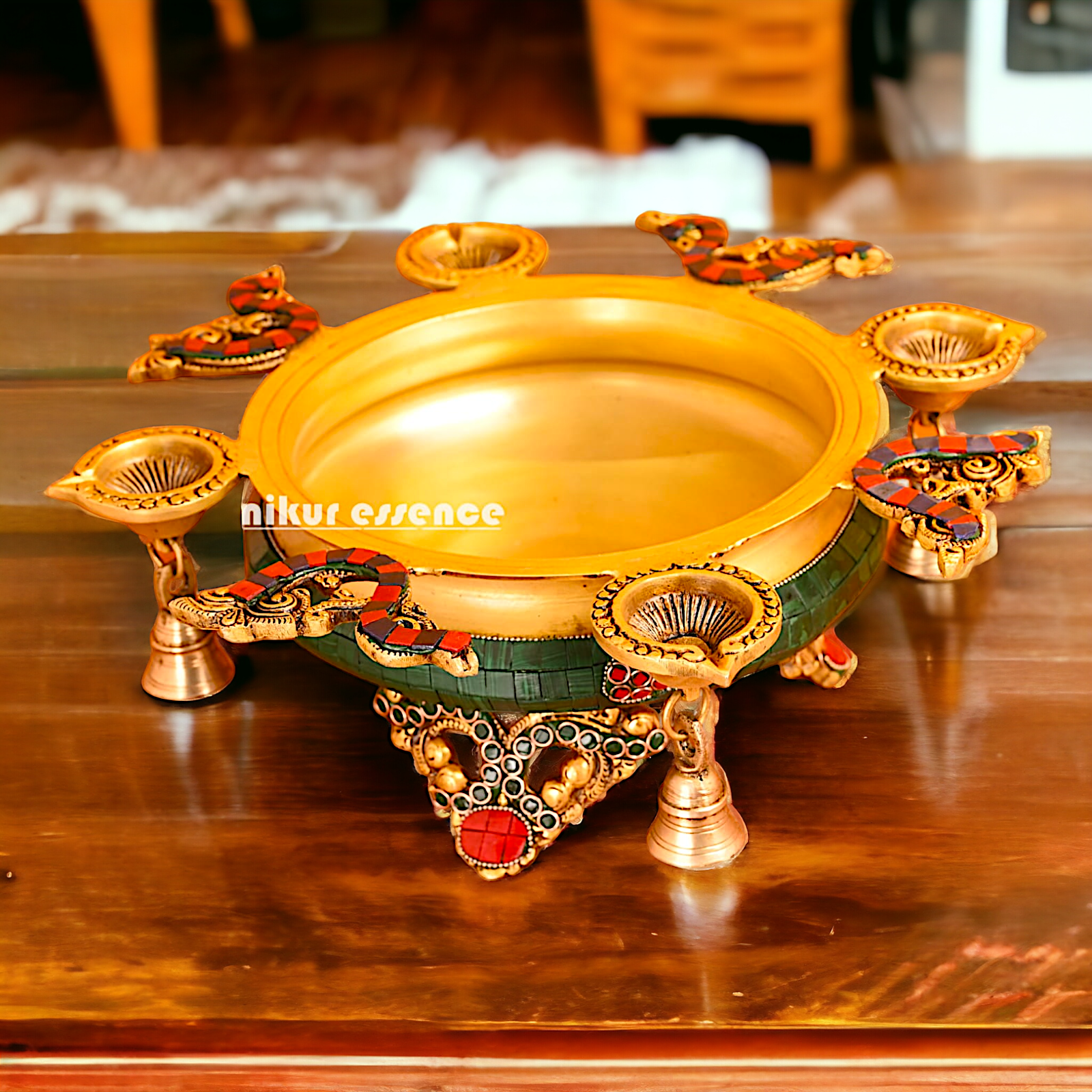 Urli Bowl with Four Diyas Brass with Stone Work - 12 inches approx