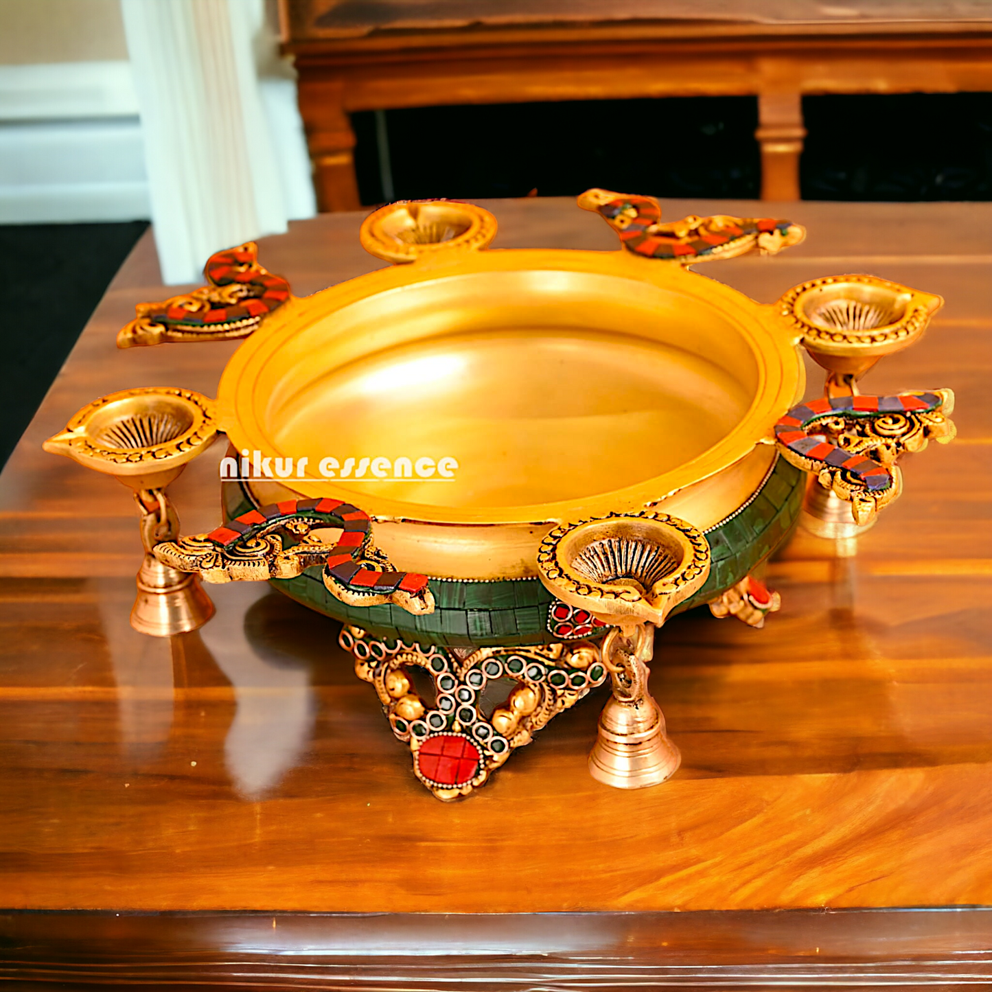 Urli Bowl with Four Diyas Brass with Stone Work - 12 inches approx