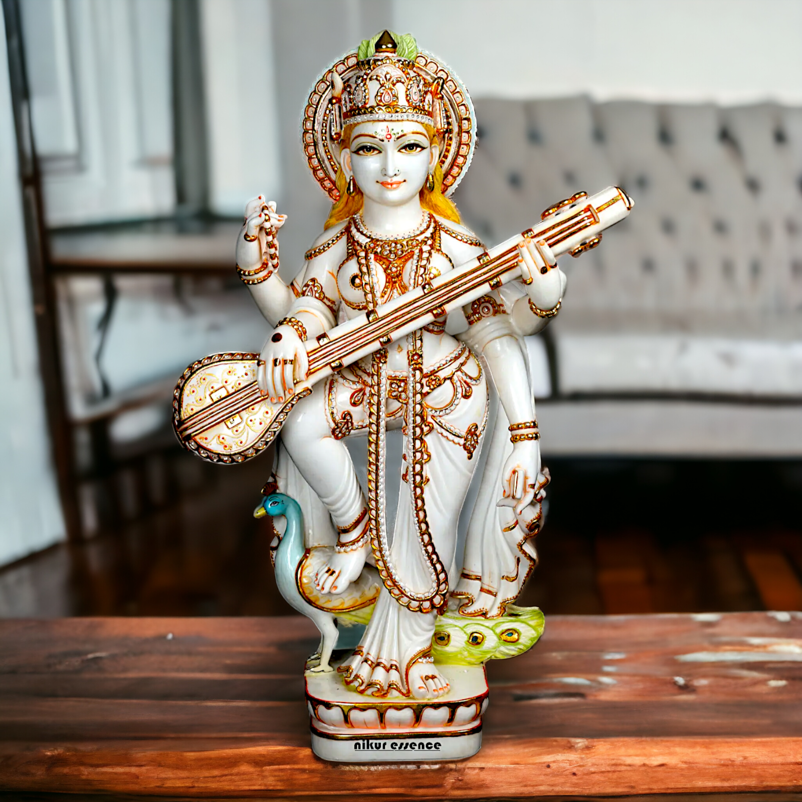 Big Saraswati Mata Standing with Playing Veena Marble idol - 36 Inches