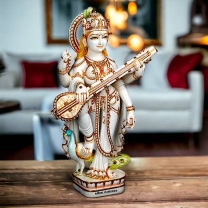 Big Saraswati Mata Standing with Playing Veena Marble idol - 36 Inches