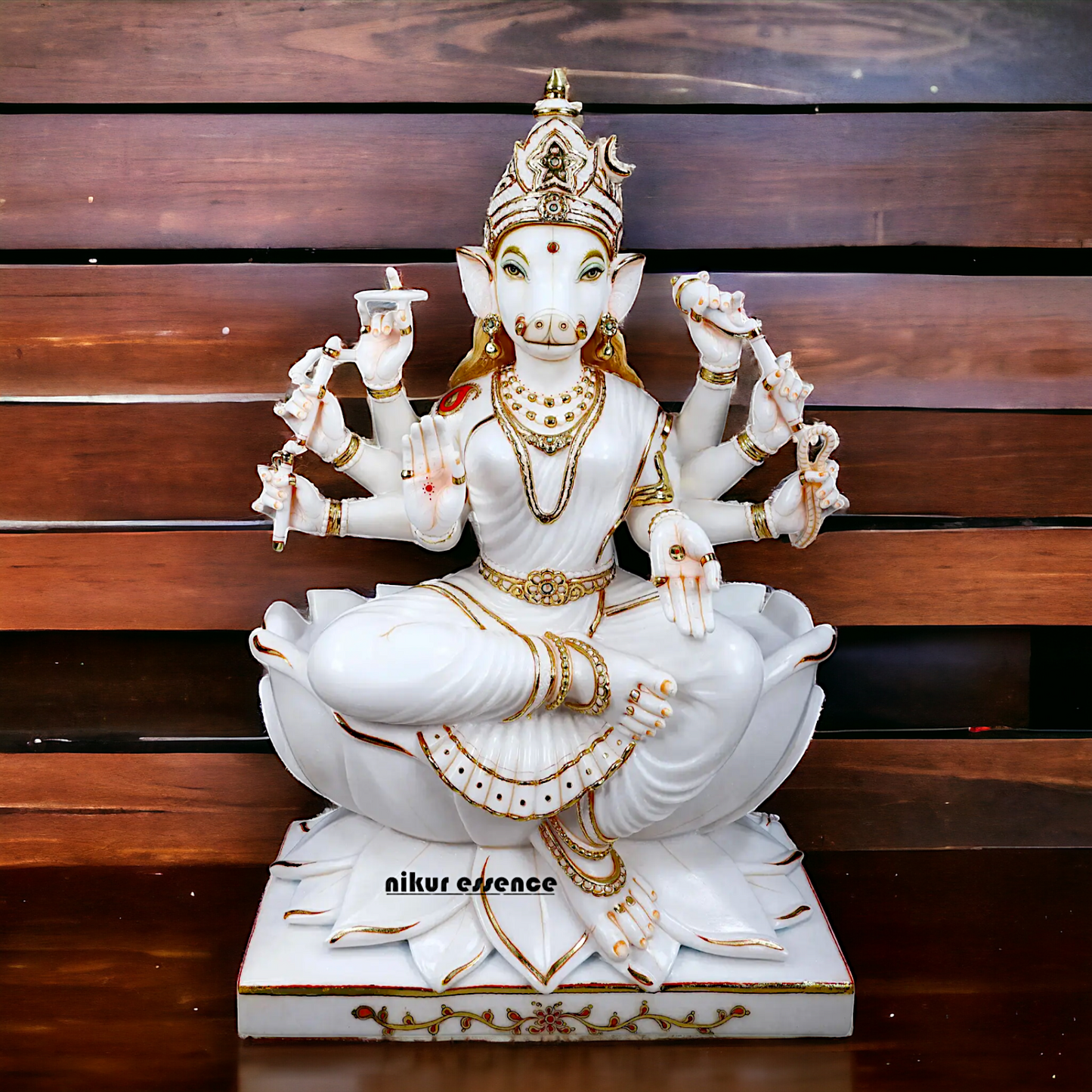 Varahi Devi Sitting on Lotus white Marble statue - 37 Inches