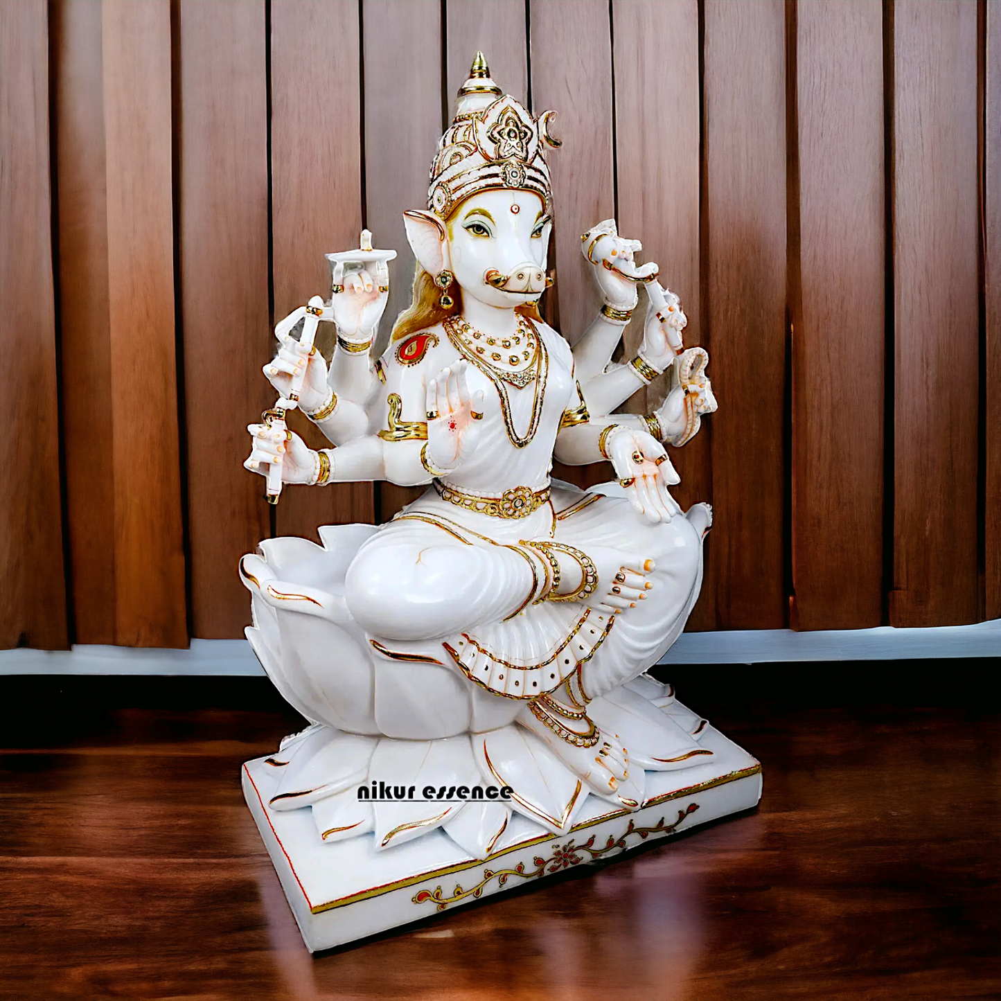 Varahi Devi Sitting on Lotus white Marble statue - 37 Inches