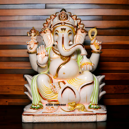 Marble Ganesha Sitting on Lotus statue - 18 Inches