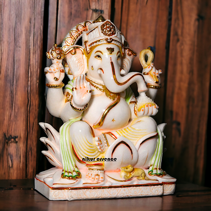 Marble Ganesha Sitting on Lotus statue - 18 Inches