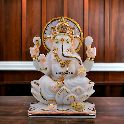 Pure Marble Ganesha Seated on Lotus statue - 10 inches