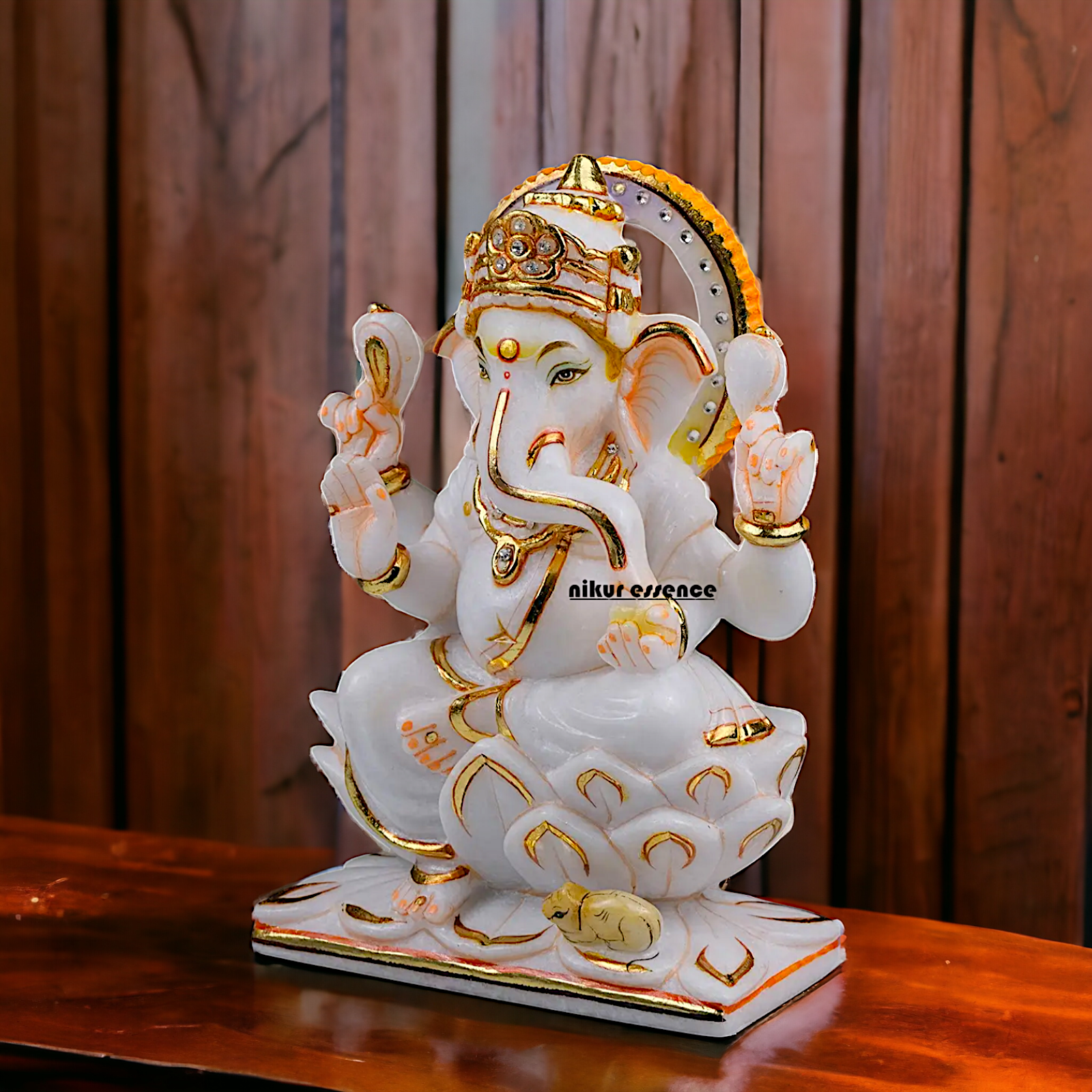 Pure Marble Ganesha Seated on Lotus statue - 10 inches