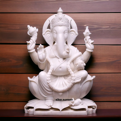 Pure Marble Ganesha Ganpati Seated on Lotus statue - 30 inches