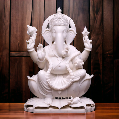 Pure Marble Ganesha Ganpati Seated on Lotus statue - 30 inches