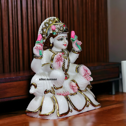 Lakshmi Devi Seated on lotus Marble idol - 9 inches