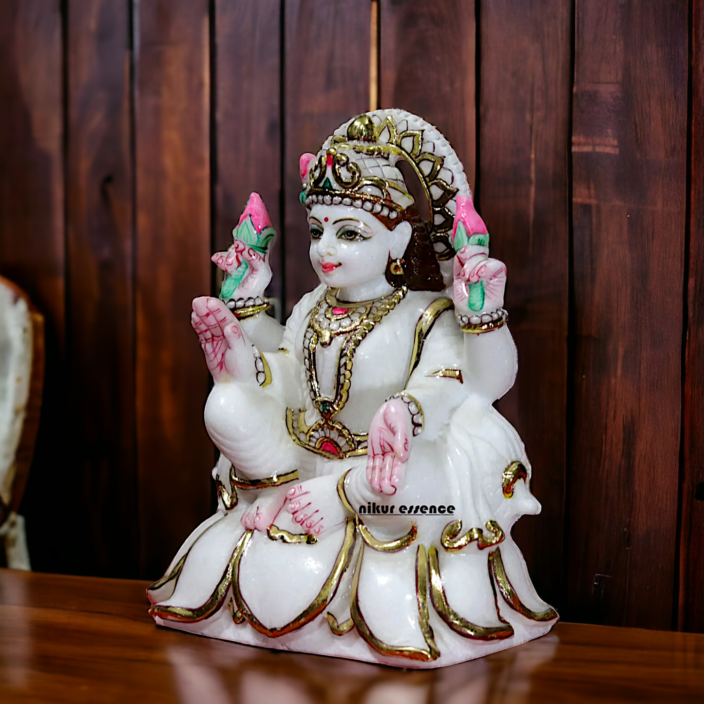 Lakshmi Devi Seated on lotus Marble idol - 9 inches