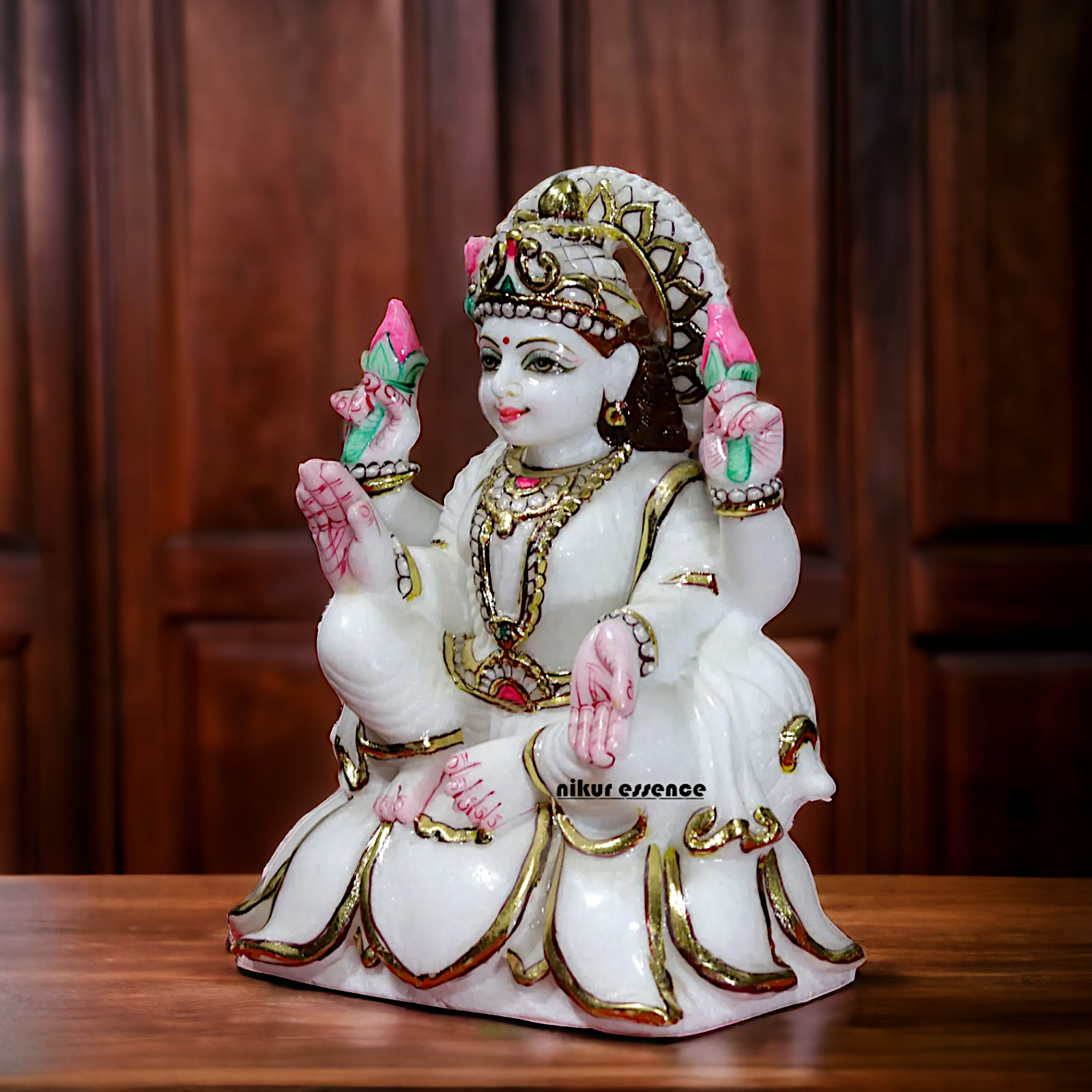 Lakshmi Devi Seated on lotus Marble idol - 9 inches