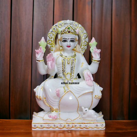 Pure Marble Mahalakshmi Seated on Lotus statue - 9 inches