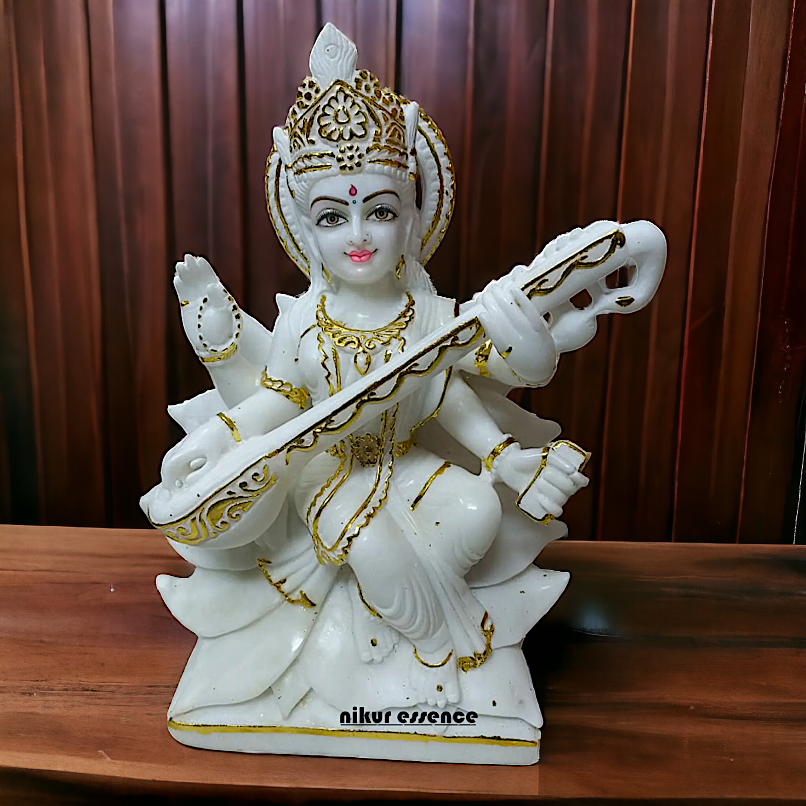 Saraswati Seated on Lotus with playing Veena marble idol - 24 inches