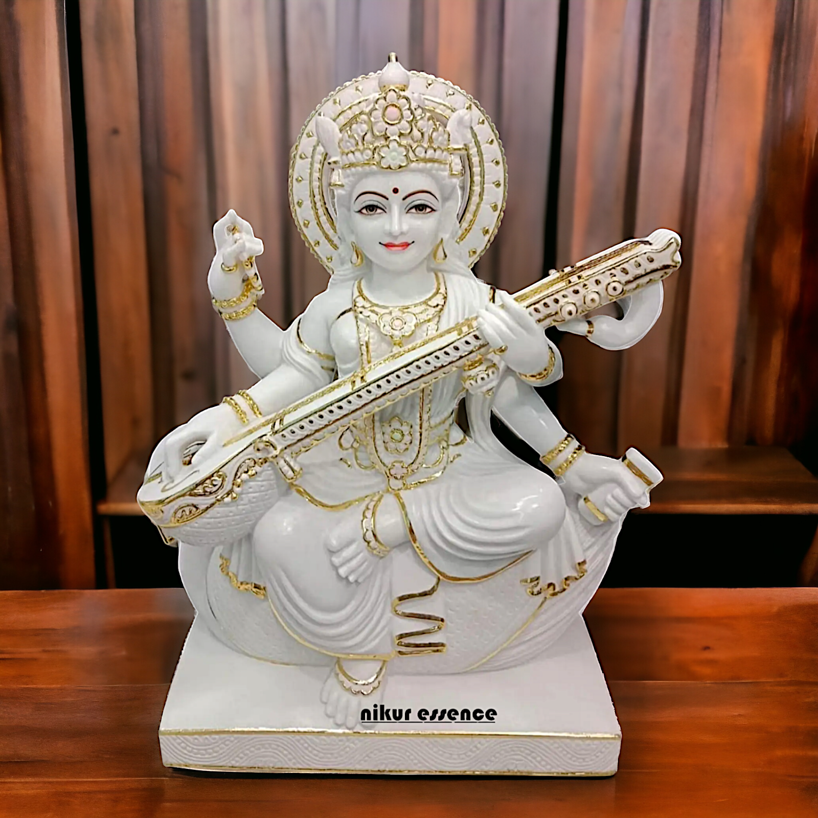 Goddess Saraswati Seated with playing Veena marble statue - 21 inches