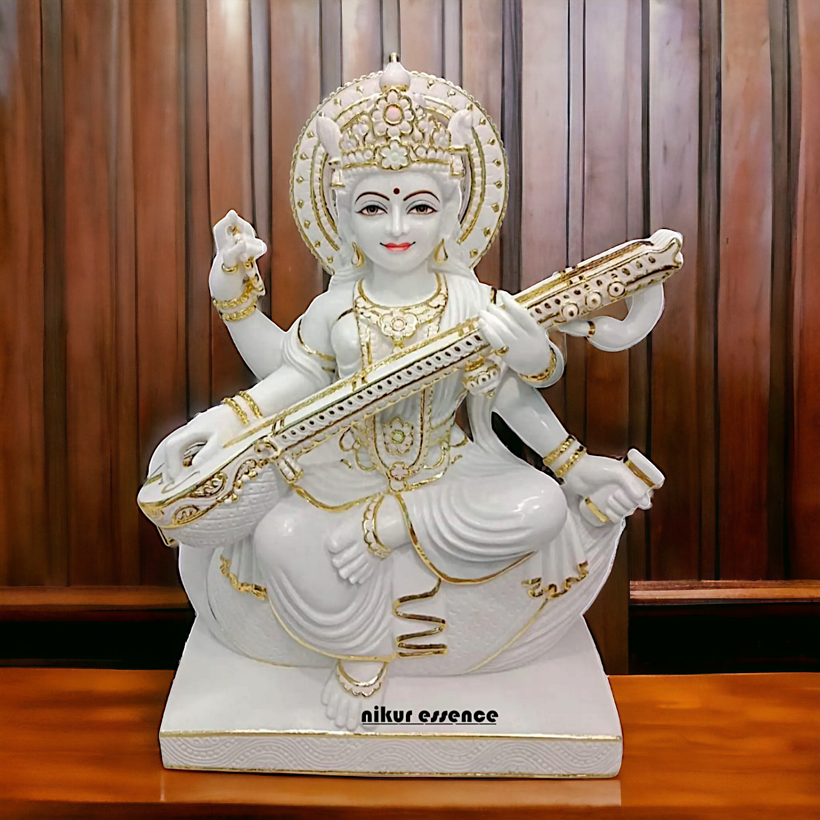 Goddess Saraswati Seated with playing Veena marble statue - 21 inches