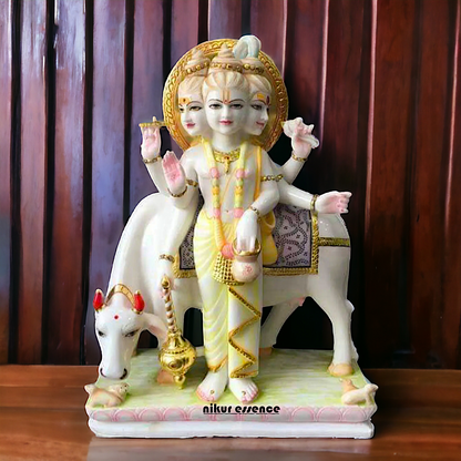 Marble Dattatreya with kamdhenu cow idol - 24 inches