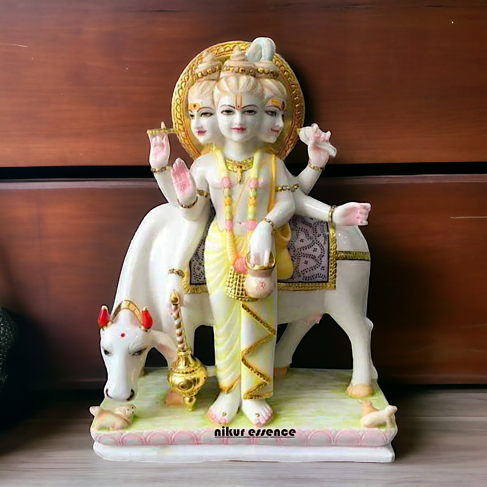 Marble Dattatreya with kamdhenu cow idol - 24 inches